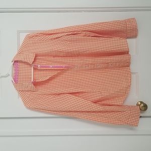 Adorable orange and checked cotton shirt with pink detailing. Somewhat tailored.
